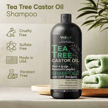 Tea Tree Shampoo with Castor Oil, 16oz, Itchy Scalp Relief, Sulfate-Free